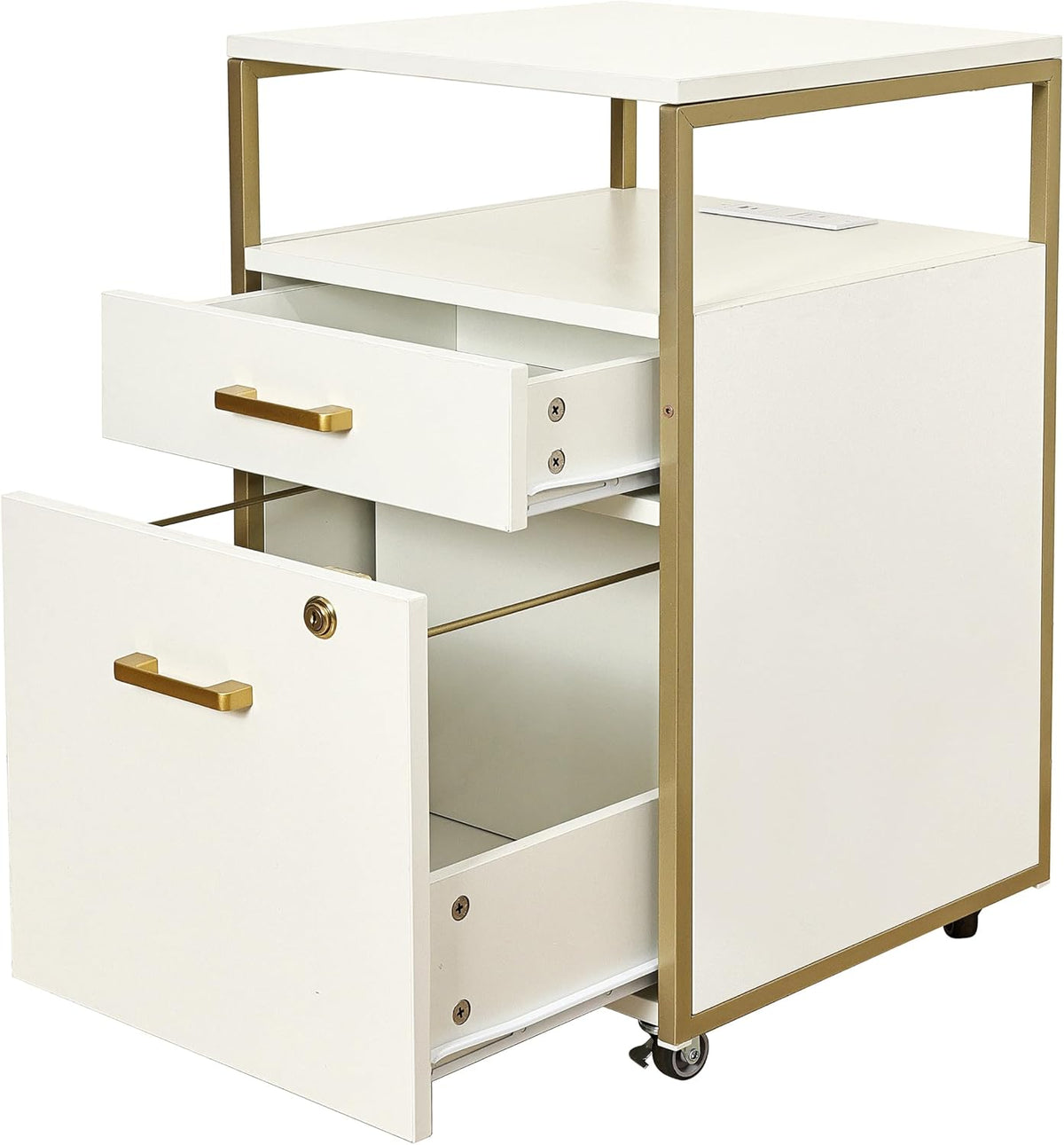 Techni Mobili 2‑Drawer Rolling File Cabinet with Lock, USB & Power Outlet | Modern 2‑drawer rolling file cabinet with lock, USB ports, power outlet, wheels, storage for files, or printer in home office - Field & Nook