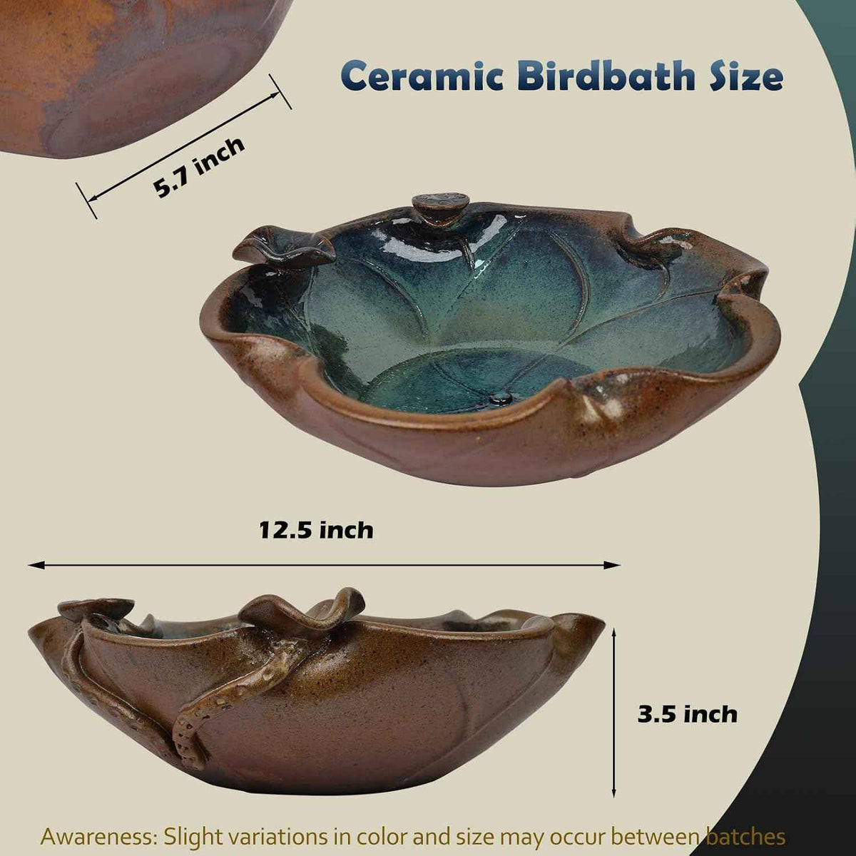 Ceramic Bird Bath and Feeder, Heavy Duty 12.5-Inch Ground Feeding Bowl, Wildlife Water Station for Squirrel Rabbit Bird Bee - Garden, Yard, Balcony Décor