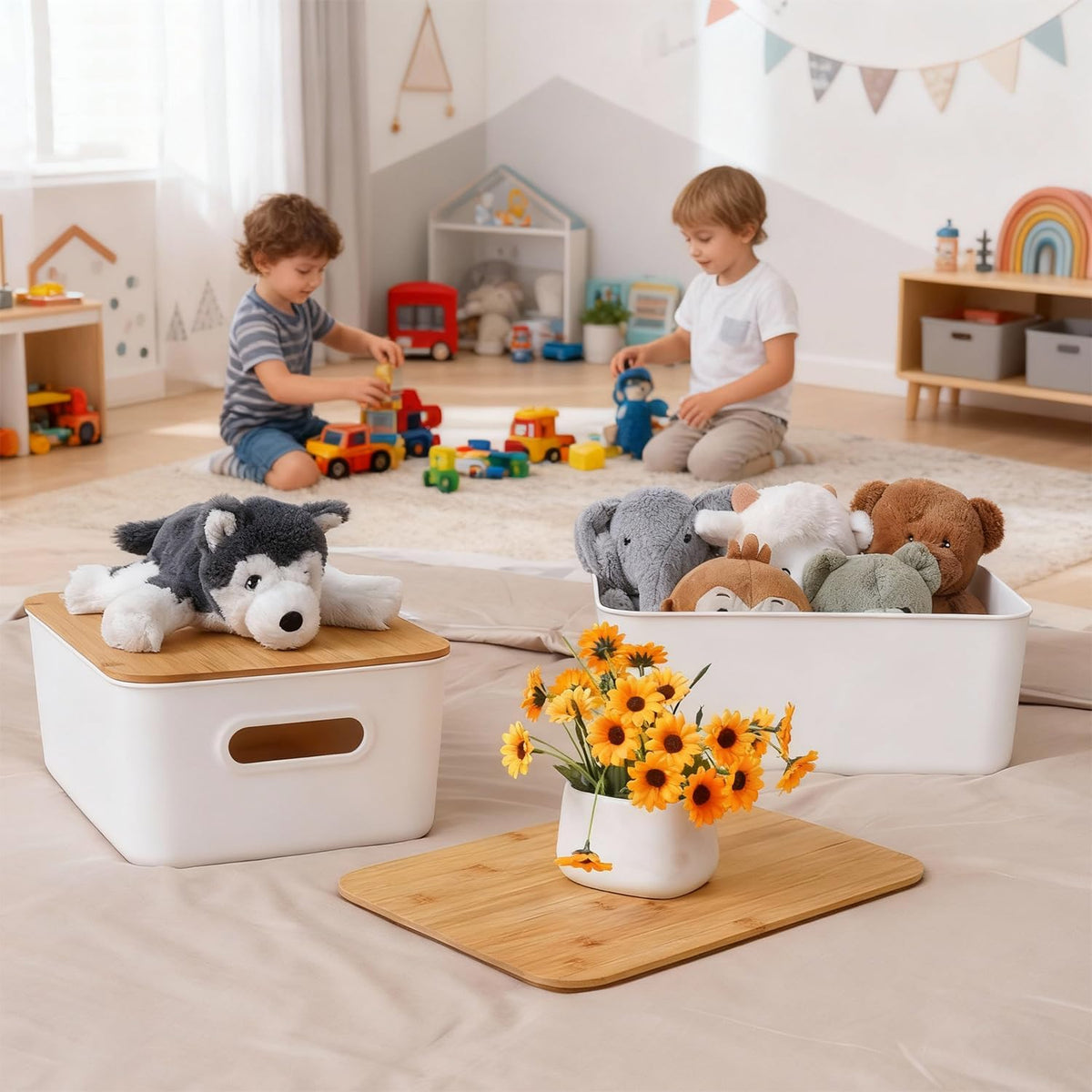 Citylife Storage Bins with Bamboo Lids 16QT Plastic Storage Containers Stackable Organizer Boxes with Handle for Desk Snacks, Toys, 2 PCS, 15" L x 10.6" W x5.8 H - Field & Nook