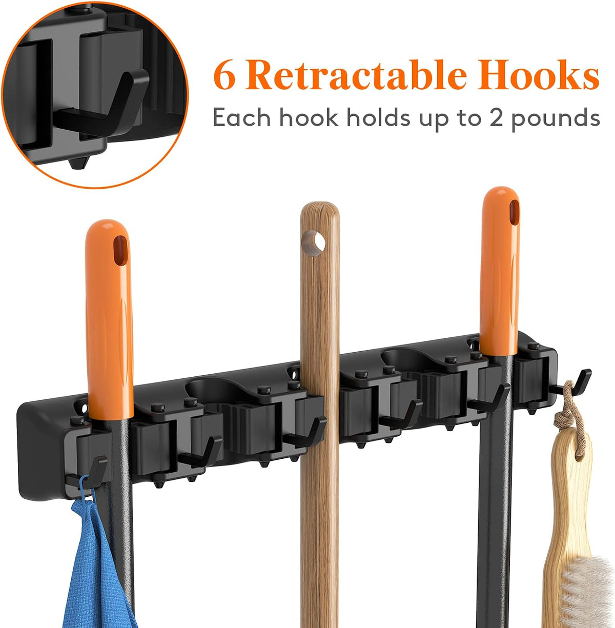 Lifewit Mop and Broom Holder Wall Mount, Anti-Slip Broom Hanger for Cleaning Supplies Organizer, Easy Install Tool Hanging Rack for Closet, Kitchen, Garage, 5 Slot 6 Hooks, Hold 30lbs, Black, 1 Pack | Anti-Slip Broom Storage for Cleaning Organizer, Eas... - Field & Nook