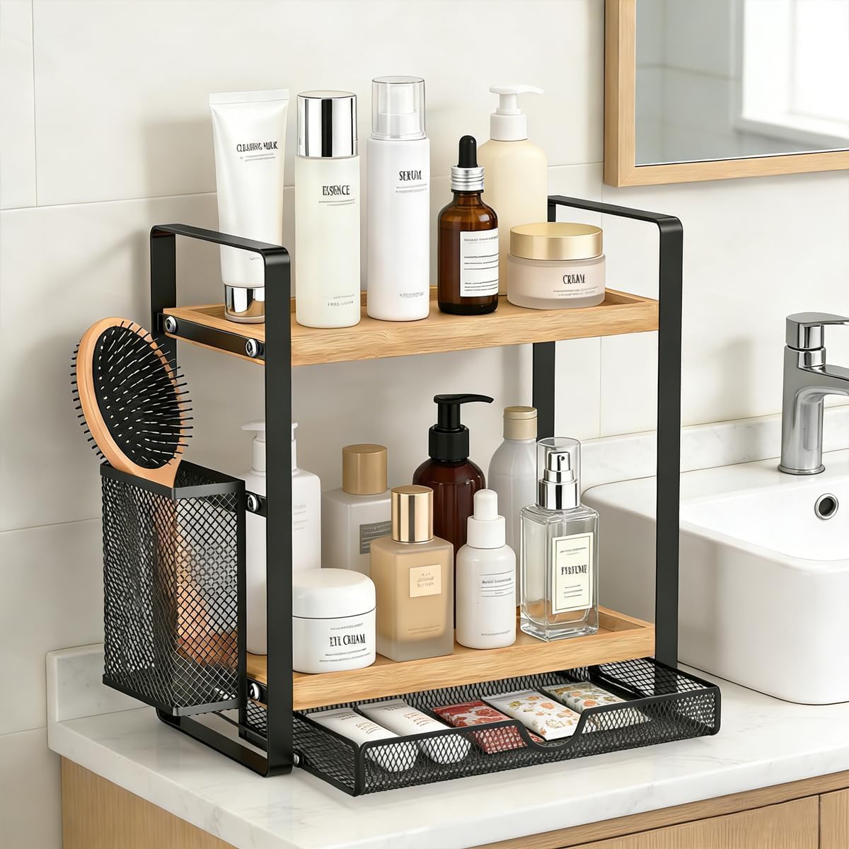 2-Tier Spice Rack Organizer for Countertop with Drawer and Basket - Field & Nook