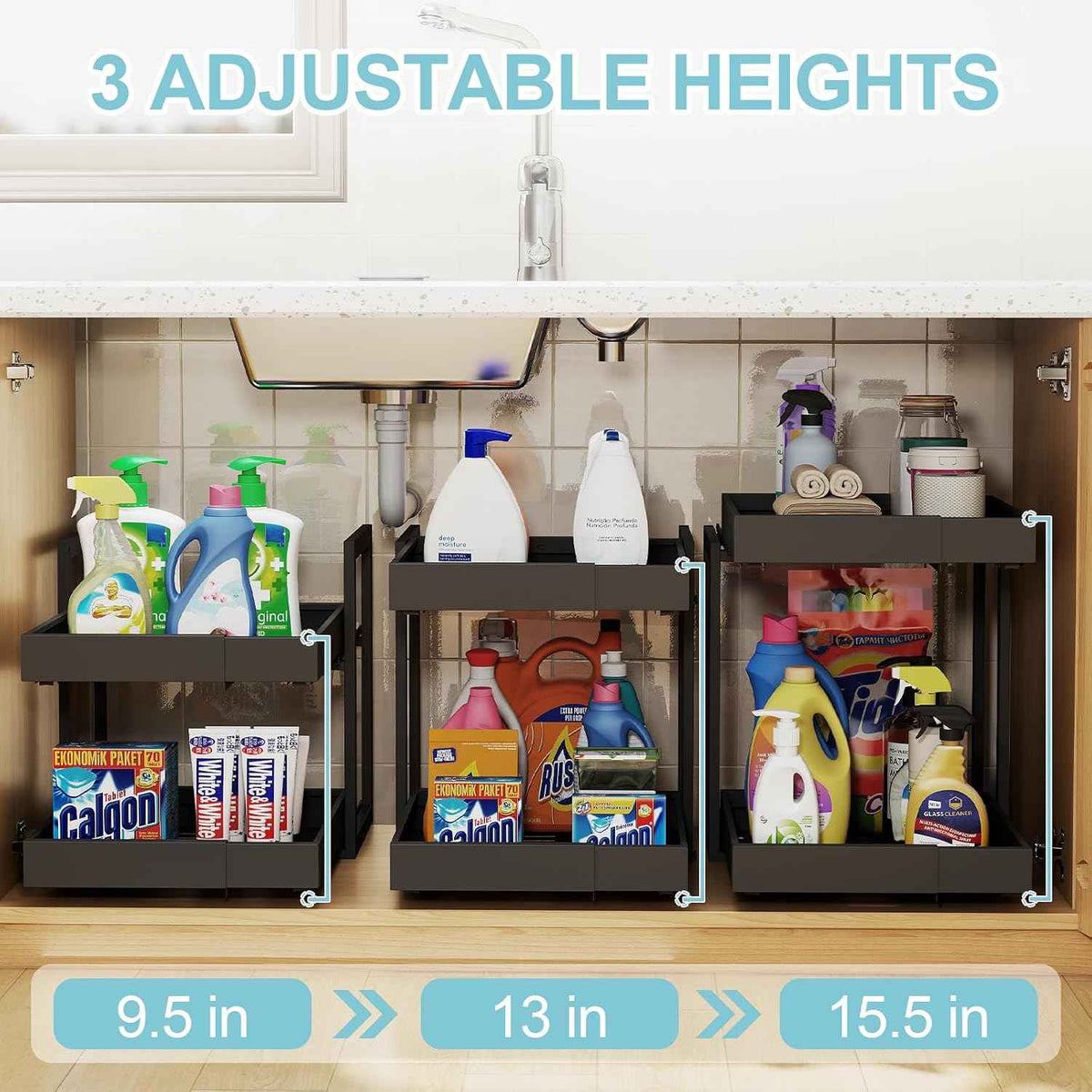 2-Tier Expandable Pull Out Cabinet Organizer, 16"D, Black