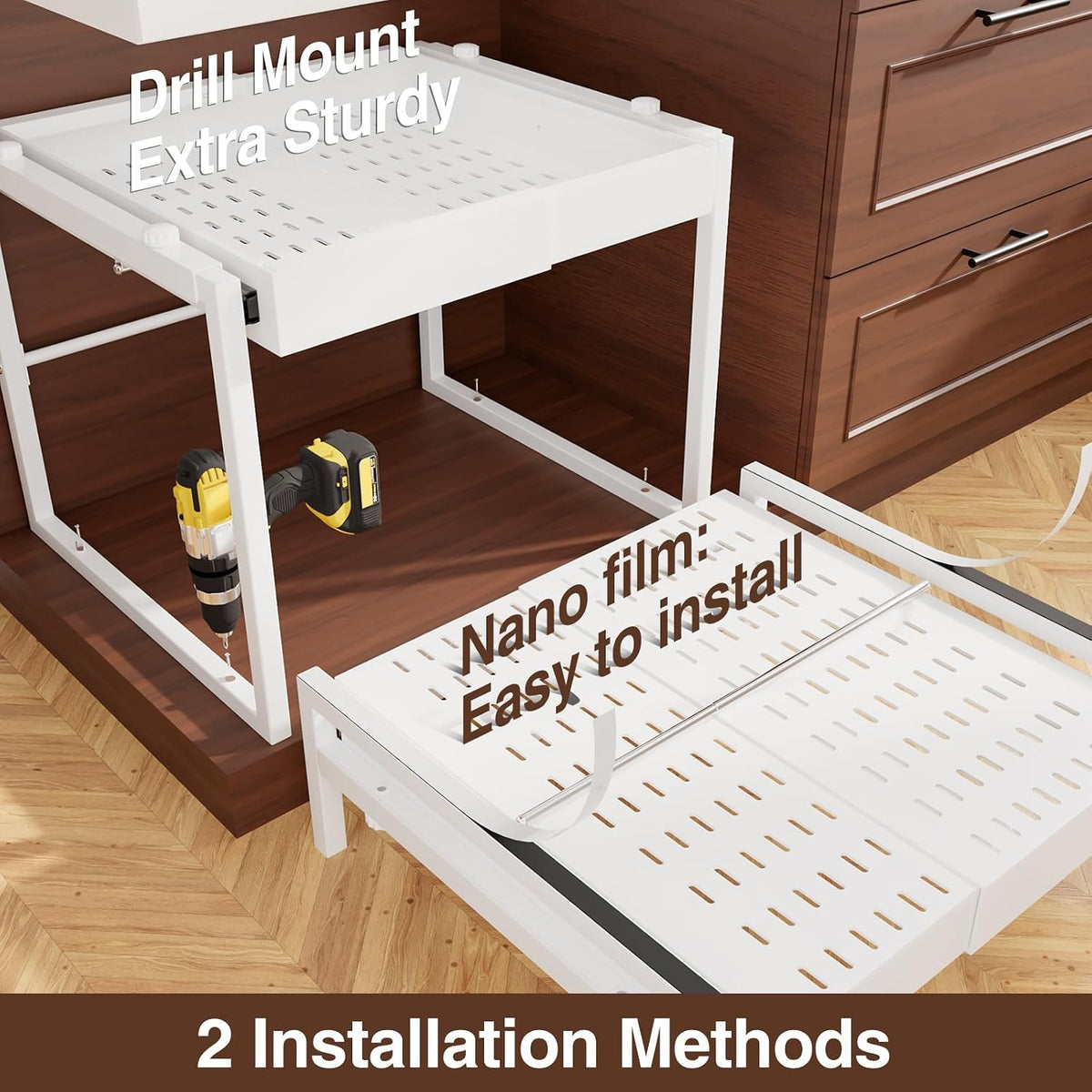 2-Tier Expandable Pull Out Cabinet Organizer, Heavy Duty Adjustable Width Metal Slide Out Shelf, No Screw Cabinet Storage Rack for Kitchen Bathroom 17in Depth Cabinet（White） - Field & Nook