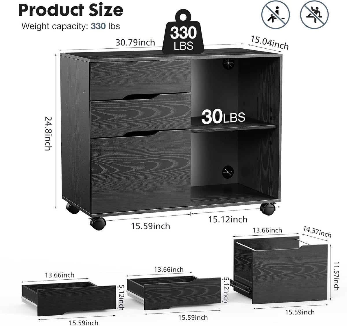 DUMOS File Cabinet with 3 Drawers, Wood Under Desk Storage Printer Stand | Rolling Lateral Filing Cabinet with Adjustable Shelves for Home Office Study Organization,Black - Field & Nook