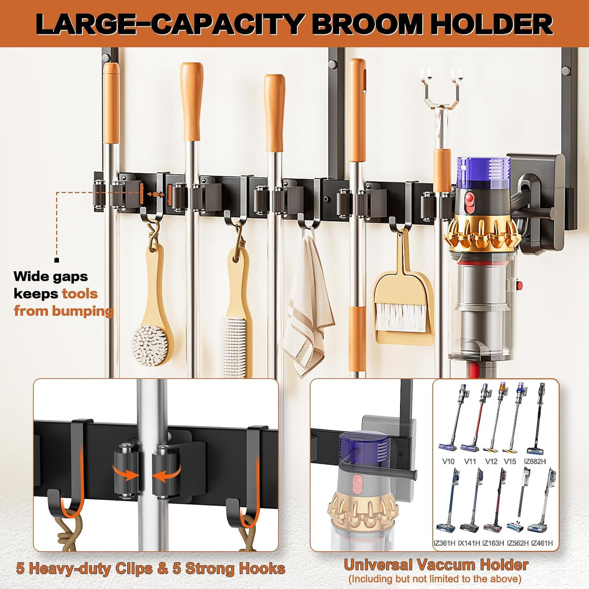 Broom Holder Wall Mount with Cleaning Supplies Organizer - Field & Nook