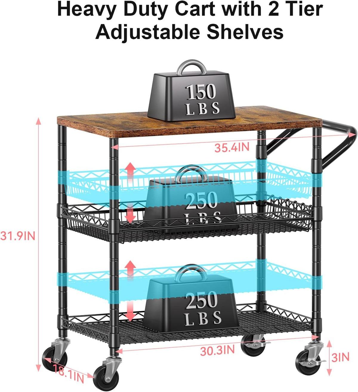 3 Tier Rolling Carts with Wheels, Heavy Duty Rolling Utility Cart with Wood Tabletop, Commercial Grade Metal Cart with Handle and Hooks, NSF Storage Serving Carts for Kitchen Island, Wood+Metal - Field & Nook