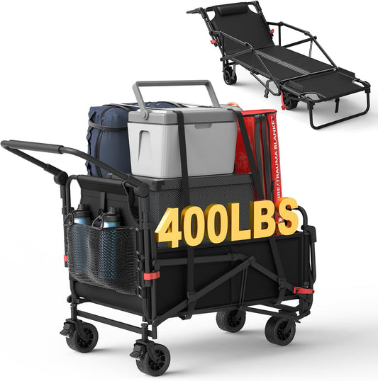 LEVELEVE Heavy Duty Folding Wagon - 2-in-1 Collapsible Cart, 400lb Capacity, All-Terrain Wheels w/Brakes & Side Pockets (Black)