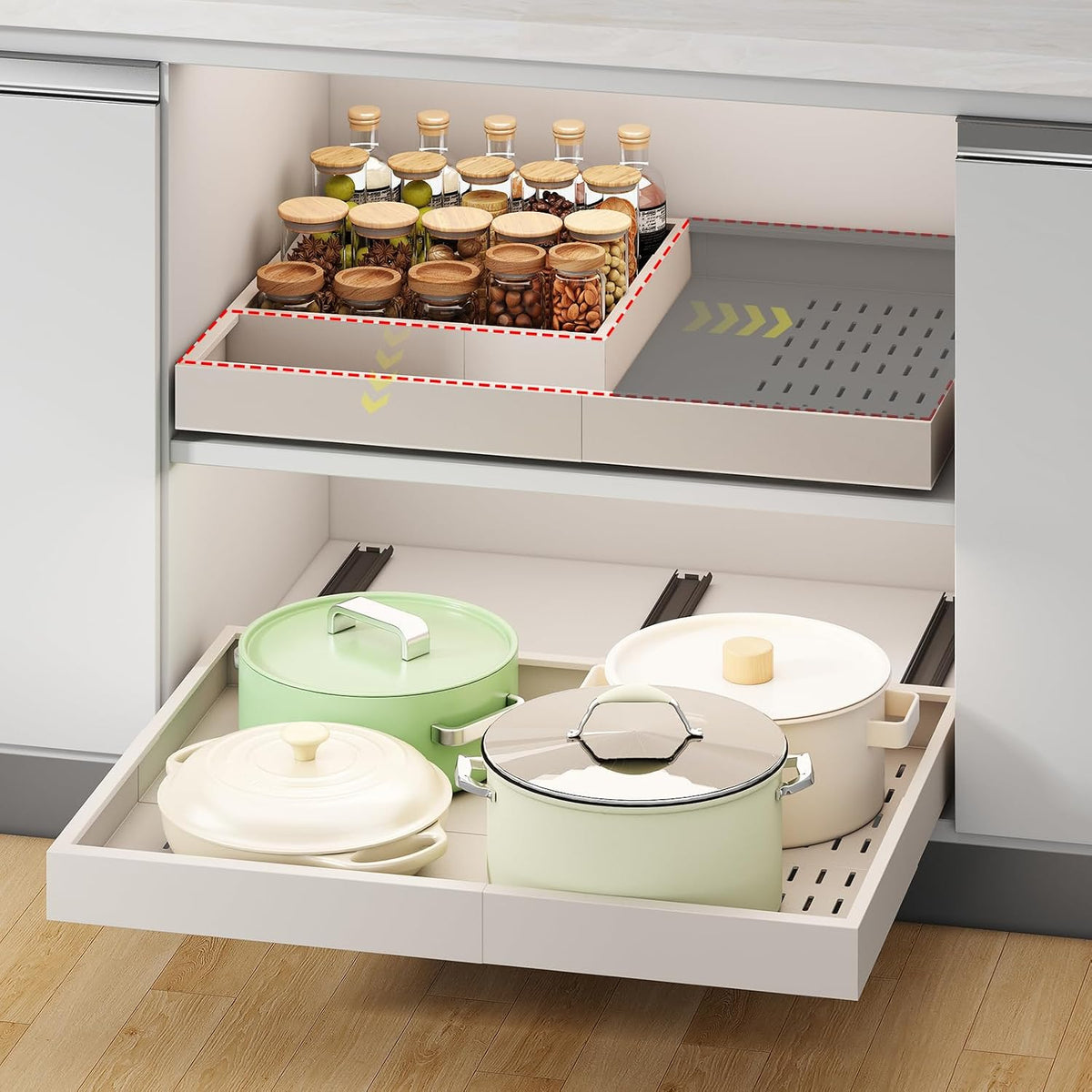 Fokyfok Pull out Cabinet Organizer,14"-21"W, 17"-24"D,Expandable,Adhesive | No Drill,3 Rails,Adjustable Slide out Drawers for Kitchen,Pantry,Roll out Shelves,for Cabinets Without Lip,Bathroom,White,1PC - Field & Nook