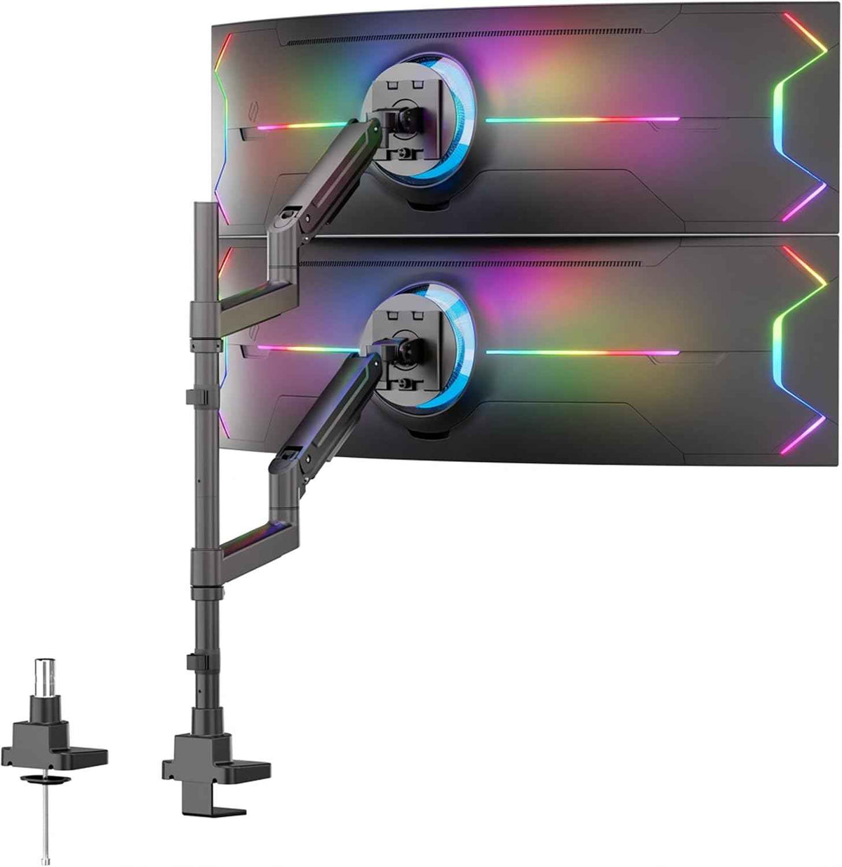 Mount-It! Dual Ultrawide Monitor Desk Mount for 17–49” Screens, Height-Adjustable Stacking Arms with Pole, Heavy Duty Gas Spring, Full Motion, VESA 75/100, Clamp or Grommet