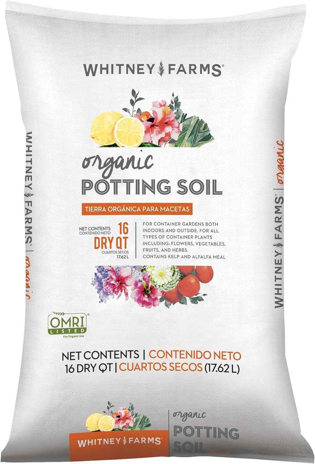 Whitney Farms Organic Potting Soil - Natural Indoor and Outdoor Container Mix, Organic Potting Soil for Vegetables, Herbs and Flowers, Feeds Plants up to 2 Months, 16 qt.