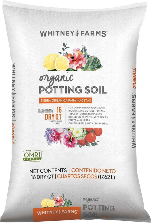 Whitney Farms Organic Potting Soil - Natural Indoor and Outdoor Container Mix, Organic Potting Soil for Vegetables, Herbs and Flowers, Feeds Plants up to 2 Months, 16 qt.
