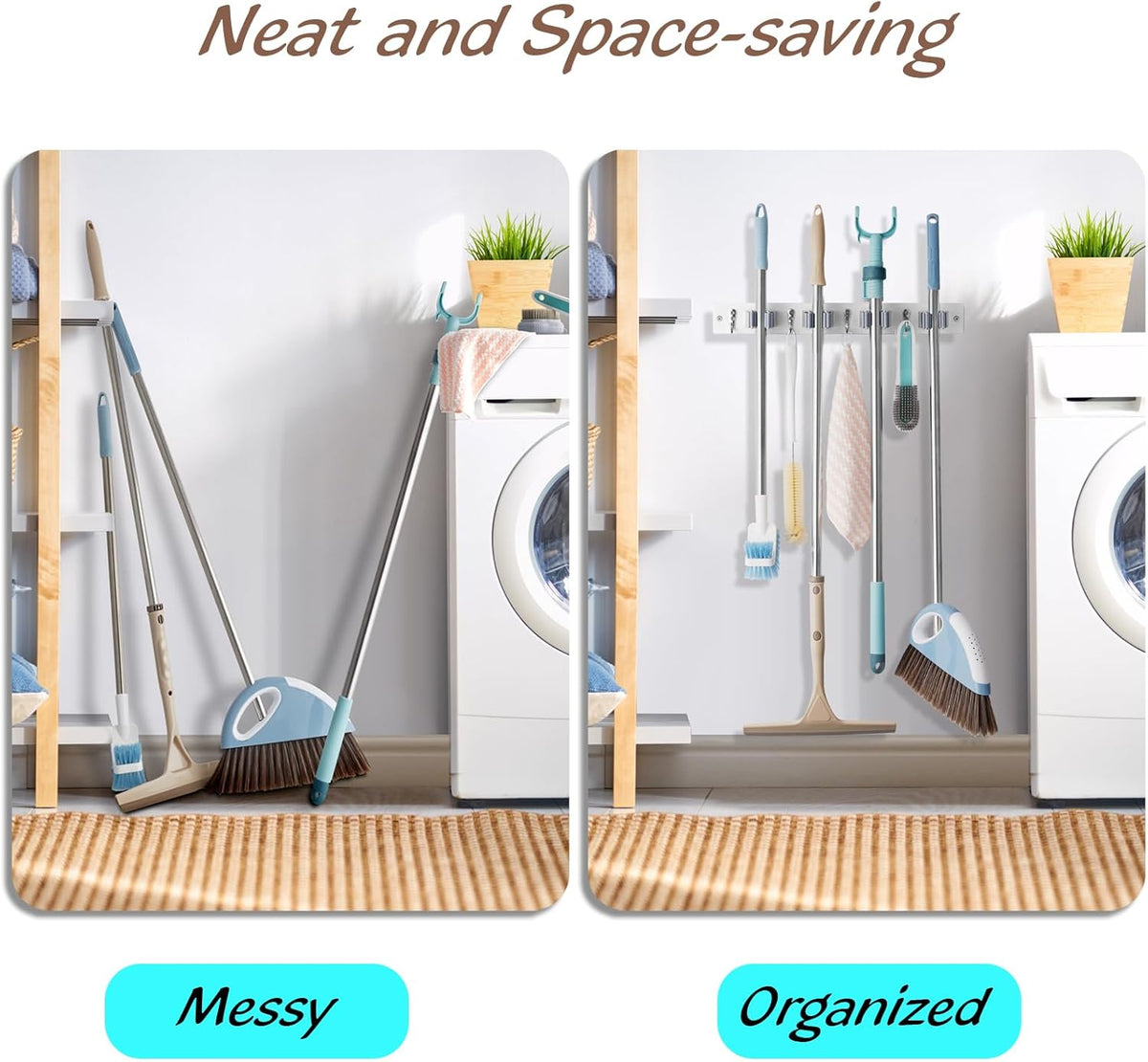 White Mop Broom Holder Wall Mount with 4 Slots & 4 Hooks - Field & Nook