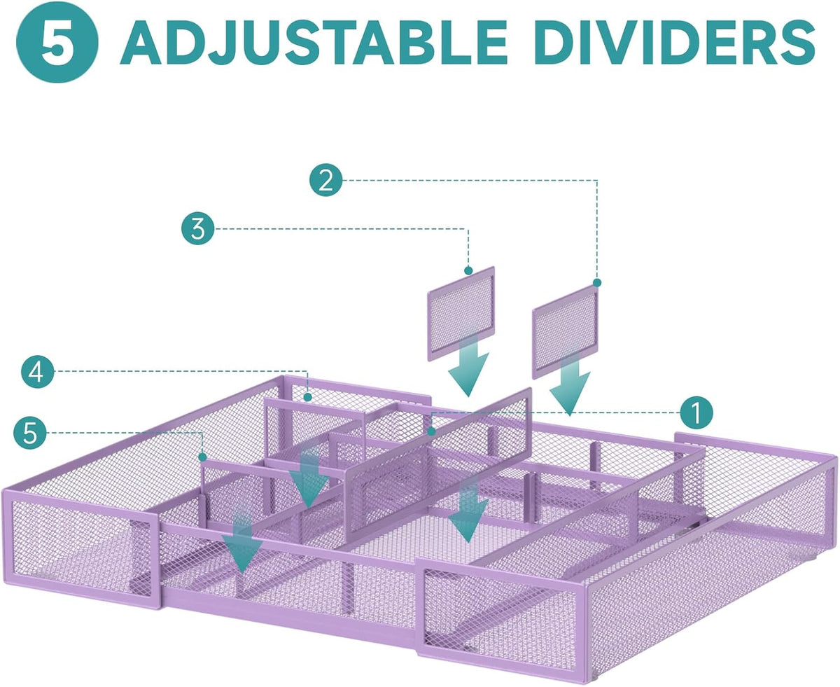 Expandable Desk Drawer Organizer, 10 Adjustable Compartment, Purple | Metal mesh drawer organizer tray with 5 removable dividers, expands from 8.74 to 16 in for office supplies, makeup or tools - Field & Nook