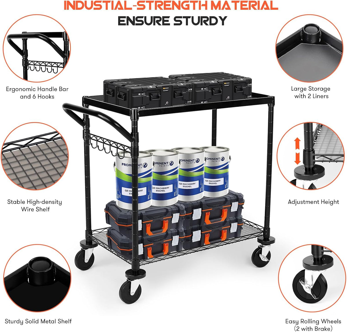 680Lbs Capacity Heavy Duty Rolling Utility Cart,2 Tier Rolling Carts with Wheels,Commercial Grade Metal Cart with Handle Bar & Shelf Liner,Trolley Serving Cart for Restaurant,Kitchen,Black - Field & Nook