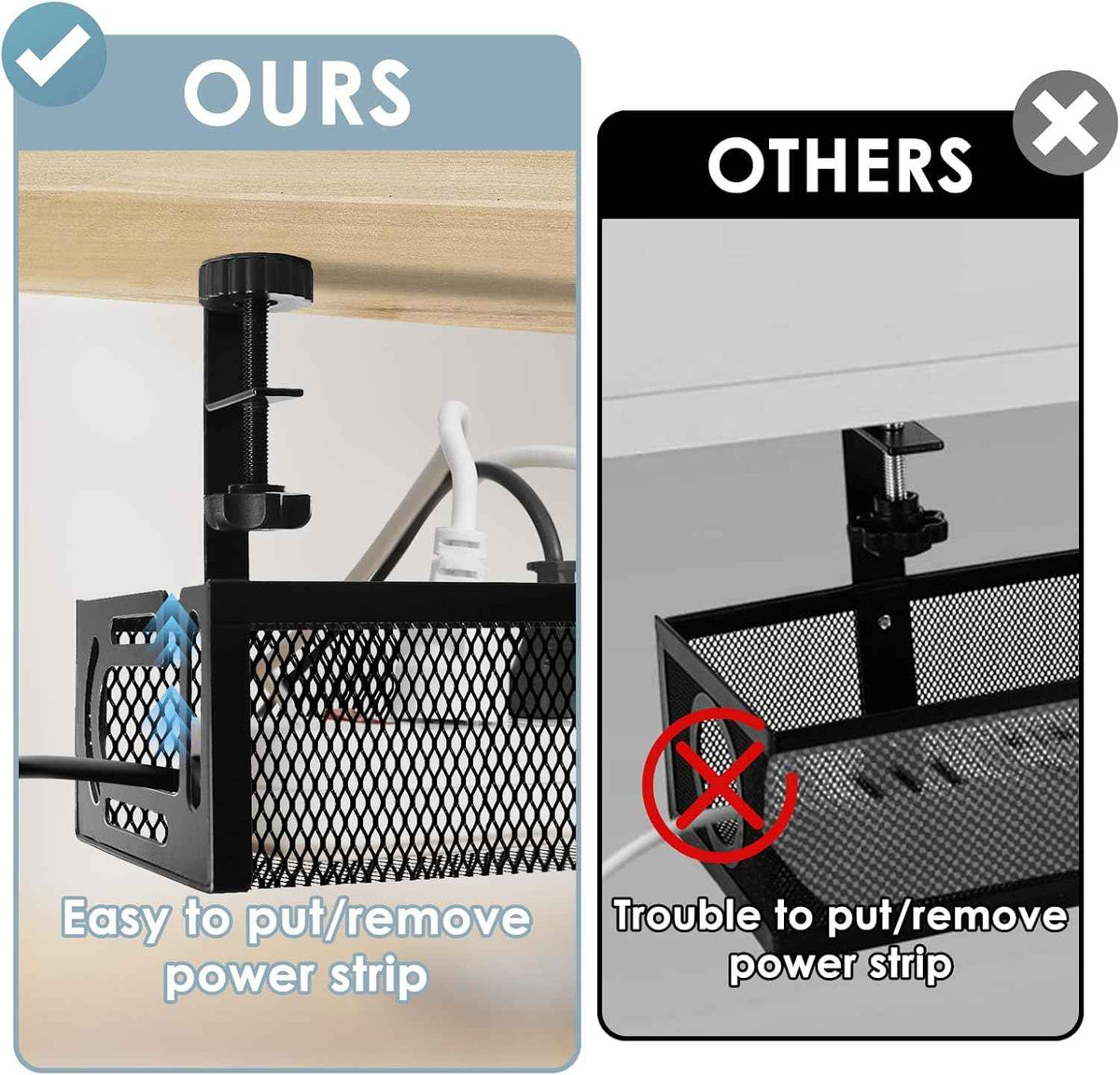 25-Inch Under-Desk Cable Tray – No-Drill Clamp-On Metal Cord Organizer, Black
