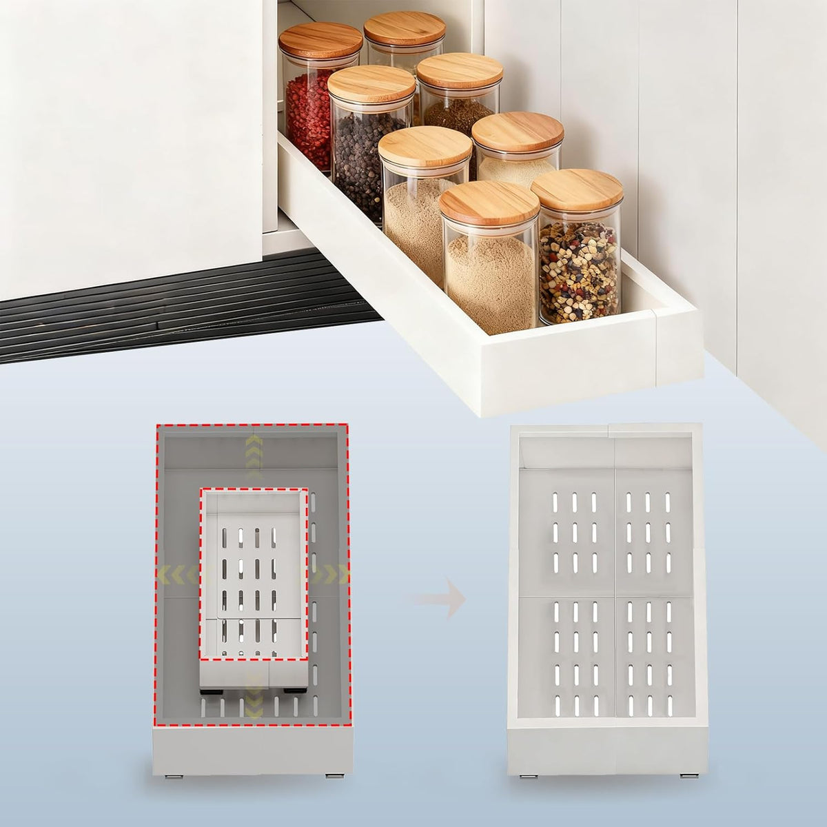 Fokyfok Pull out Cabinet Organizer,7"-11"W, 17"-24"D,Expandable,Adhesive | No Drill,Adjustable Slide out Drawers for Kitchen,Pantry,Roll out Shelves,for Cabinets Without Lip,Bathroom,White,1PC - Field & Nook
