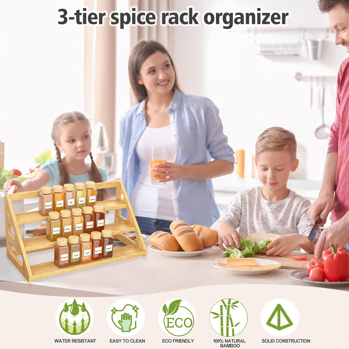 Premium Spice Rack - 3 Tier Bamboo Spice Rack Organizer - Spice Organization for Kitchen Cabinet/Countertop - Field & Nook