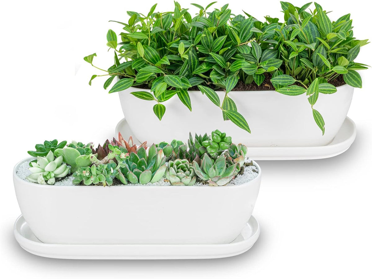 E-liu Ceramic Plant Pots, 11+14 inch, Set of 2, Planters with Drainage Holes Saucers and Mesh Pads, Indoor Flower Succulent Pot with Hole Mesh Pad, Gifts for Mom, Plants Not Included