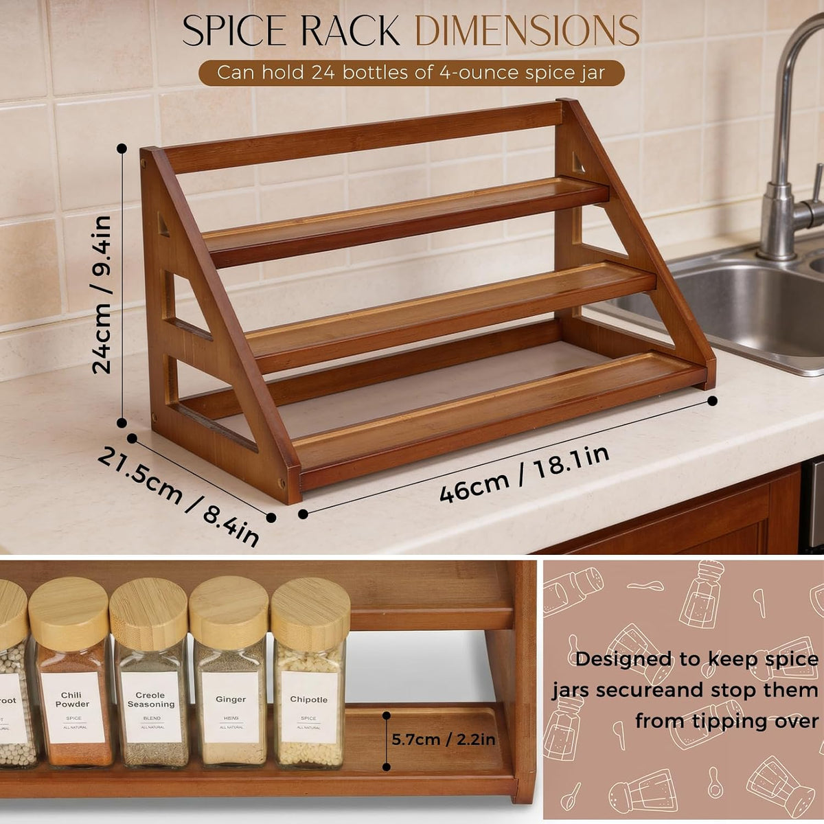 Bamboo 3 Tier Spice Rack,Spice Organizer for Cabinet/Countertop | Solve the messy spice bottles on the kitchen countertop and cabinets, make neat and orderly, clear at a glance - Field & Nook
