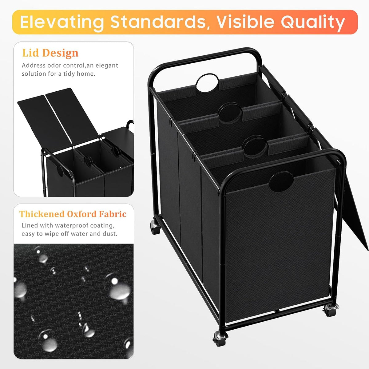 180L 3-Section Rolling Laundry Hamper with Lid - Field & Nook