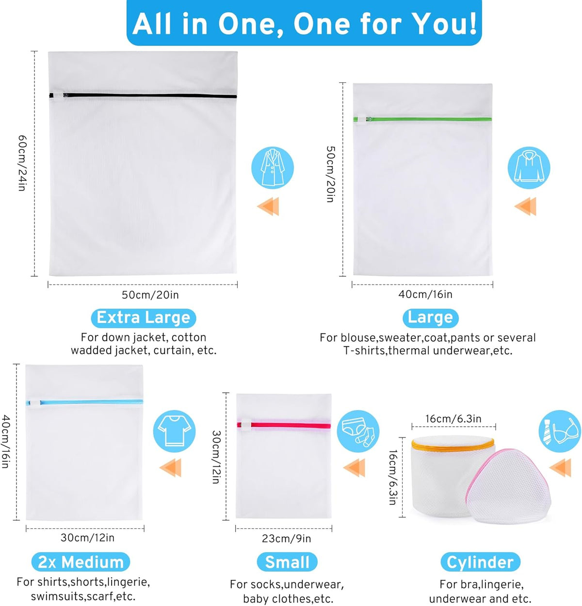 Mesh Laundry Bag Set – 7-Piece, 6 Sizes, Auto-Lock Zippers