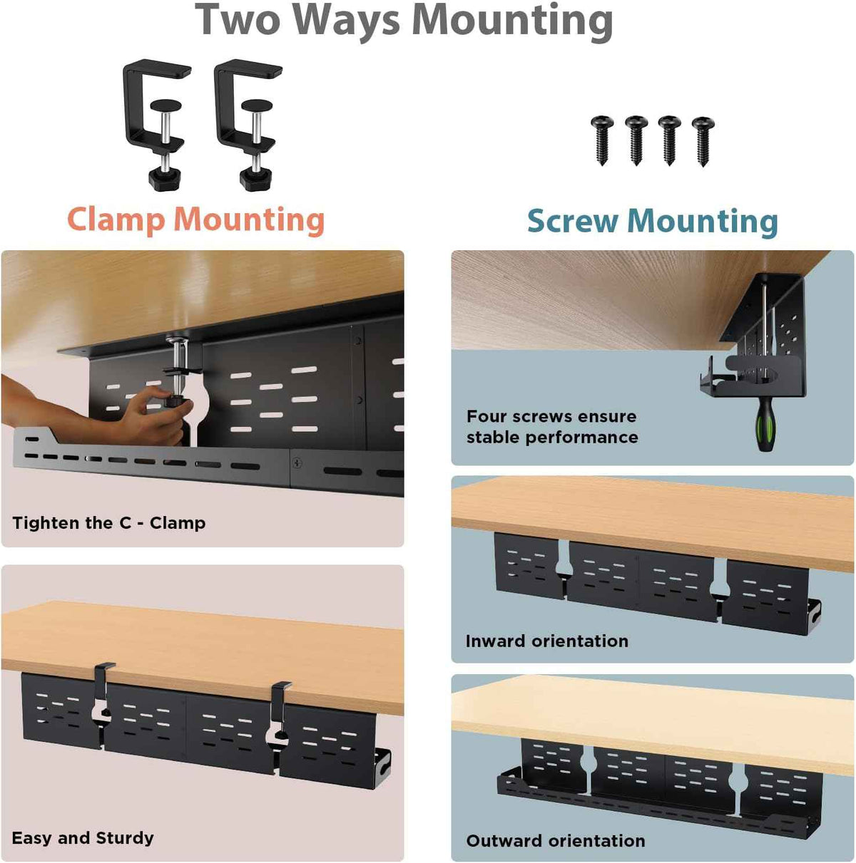 32-Inch Under-Desk Cable Tray – Dual-Mount Steel Cord and Power-Strip Organizer, Black