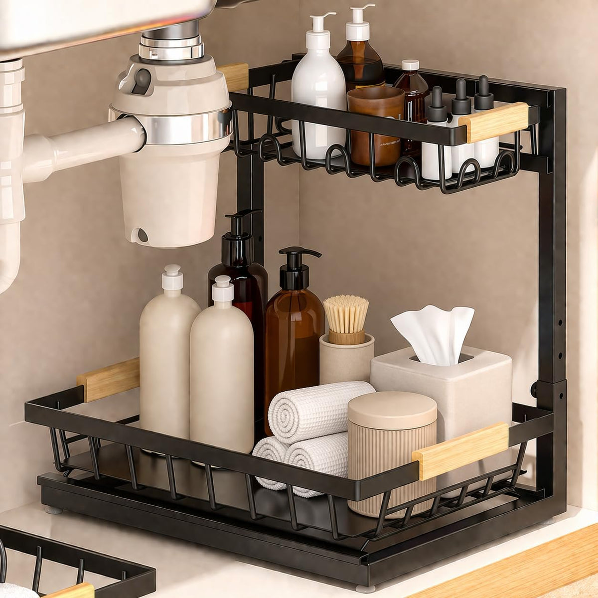 L-Shaped Adjustable 2-Tier Under Sink Organizer – Sliding Metal Storage Shelf for Kitchen & Bathroom Cabinets (Black) - Field & Nook