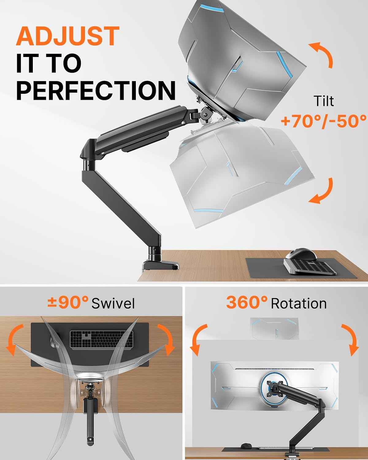 ErGear Heavy Duty Monitor Arm for 13-49″ Ultrawide Screens, 37.4 lbs Capacity, Full Motion Monitor Desk Mount, Rock-Solid Support, Dual C-Clamp & Grommet Mount, VESA 75x75/100x100mm