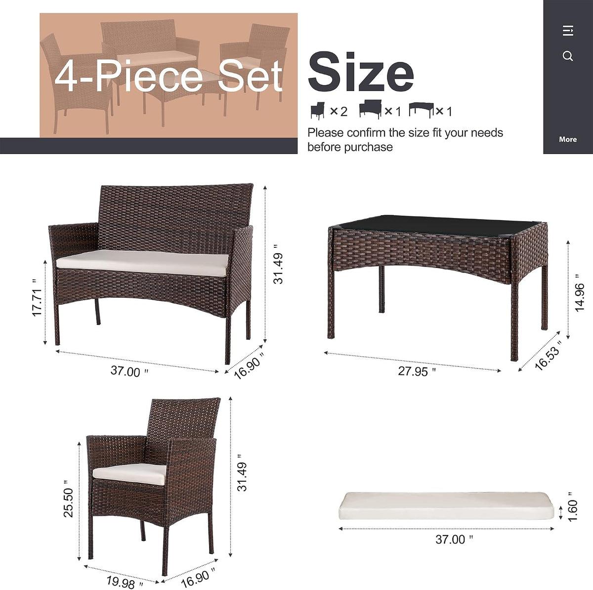 Shintenchi 4 Piece Outdoor Patio Furniture Set, Wicker Rattan Patio