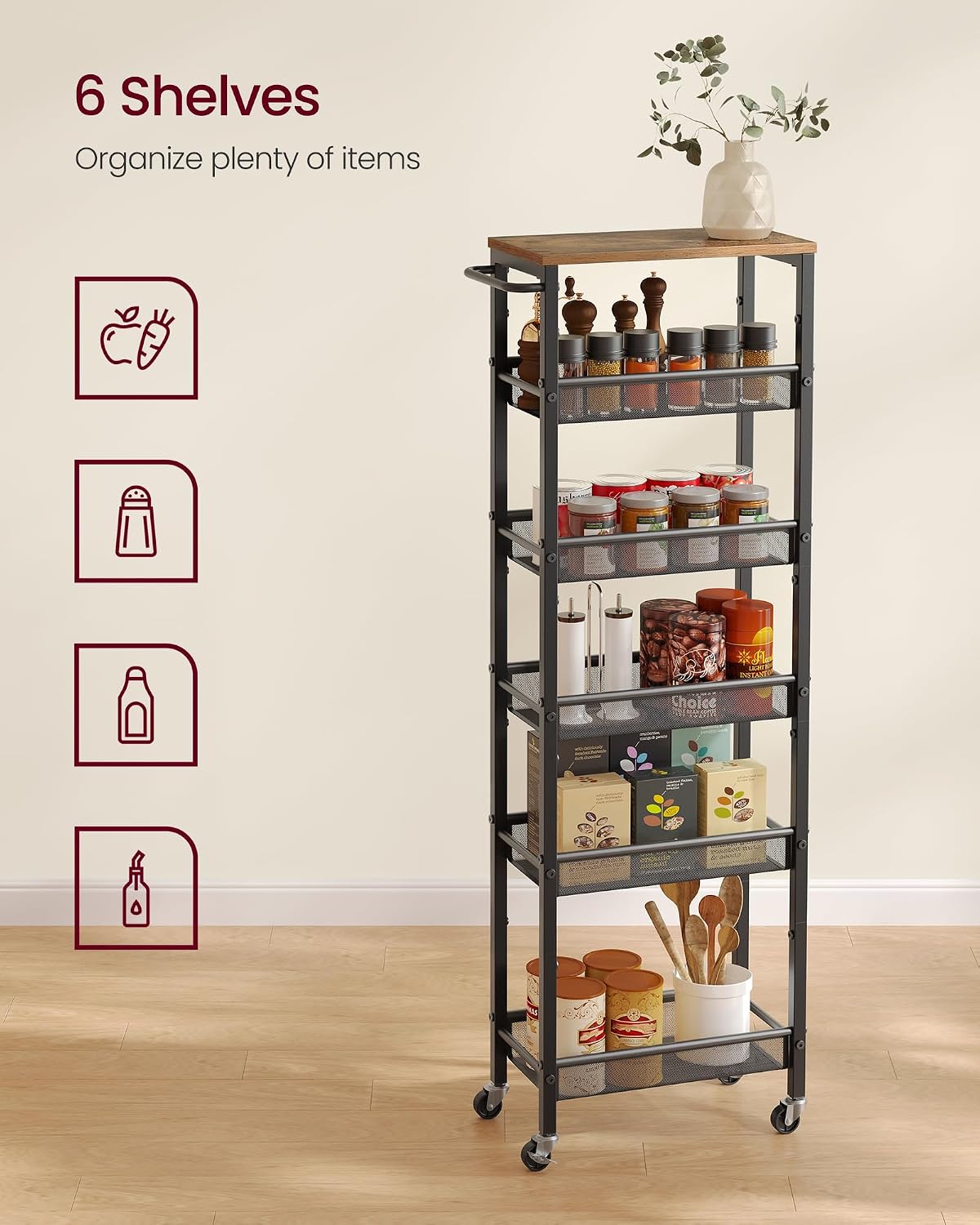 Slim Rolling Kitchen Storage Cart – 6-Tier Narrow Organizer, 8.7-In Wide