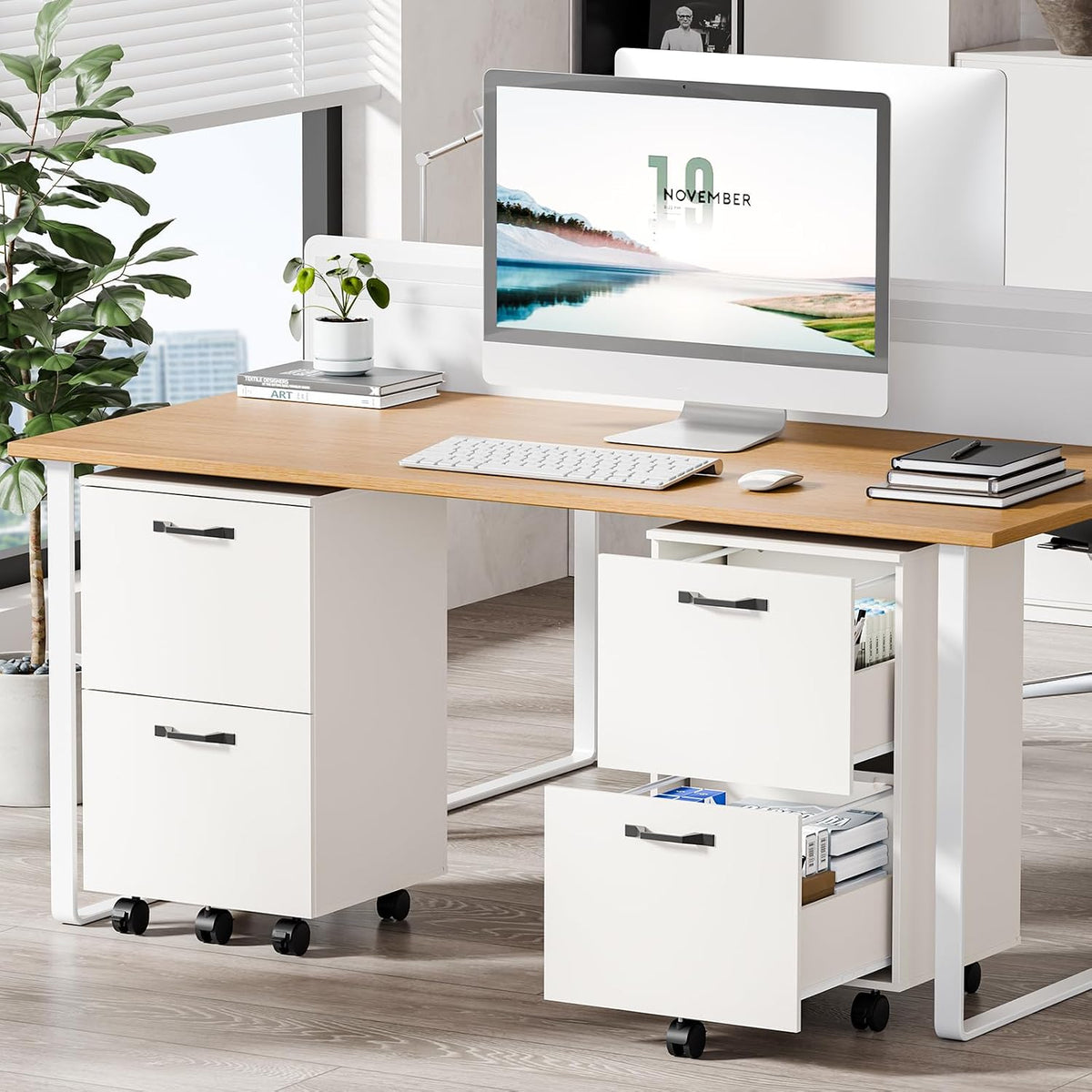 DUMOS 2 Drawer Filing Cabinet, Rolling Under Desk Storage, White | Not for Hanging Files, Printer Stand, Lockable Wheels, Mobile Wood Home Office Organizer - Field & Nook