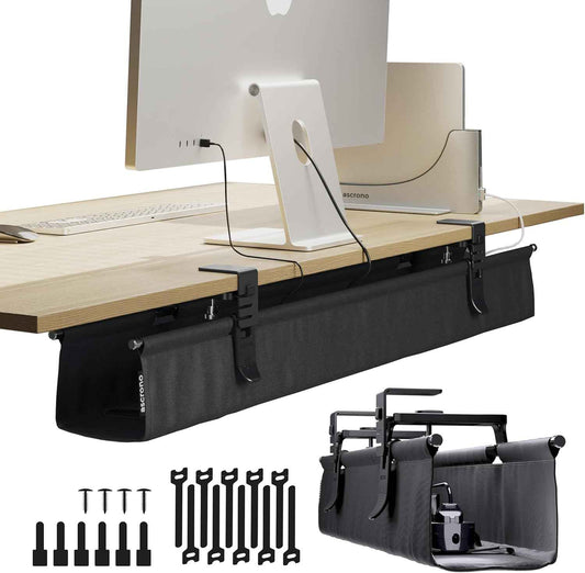 40.6-Inch Heavy-Duty Under-Desk Cable Tray – Clamp-On Fabric Cord Organizer, Black