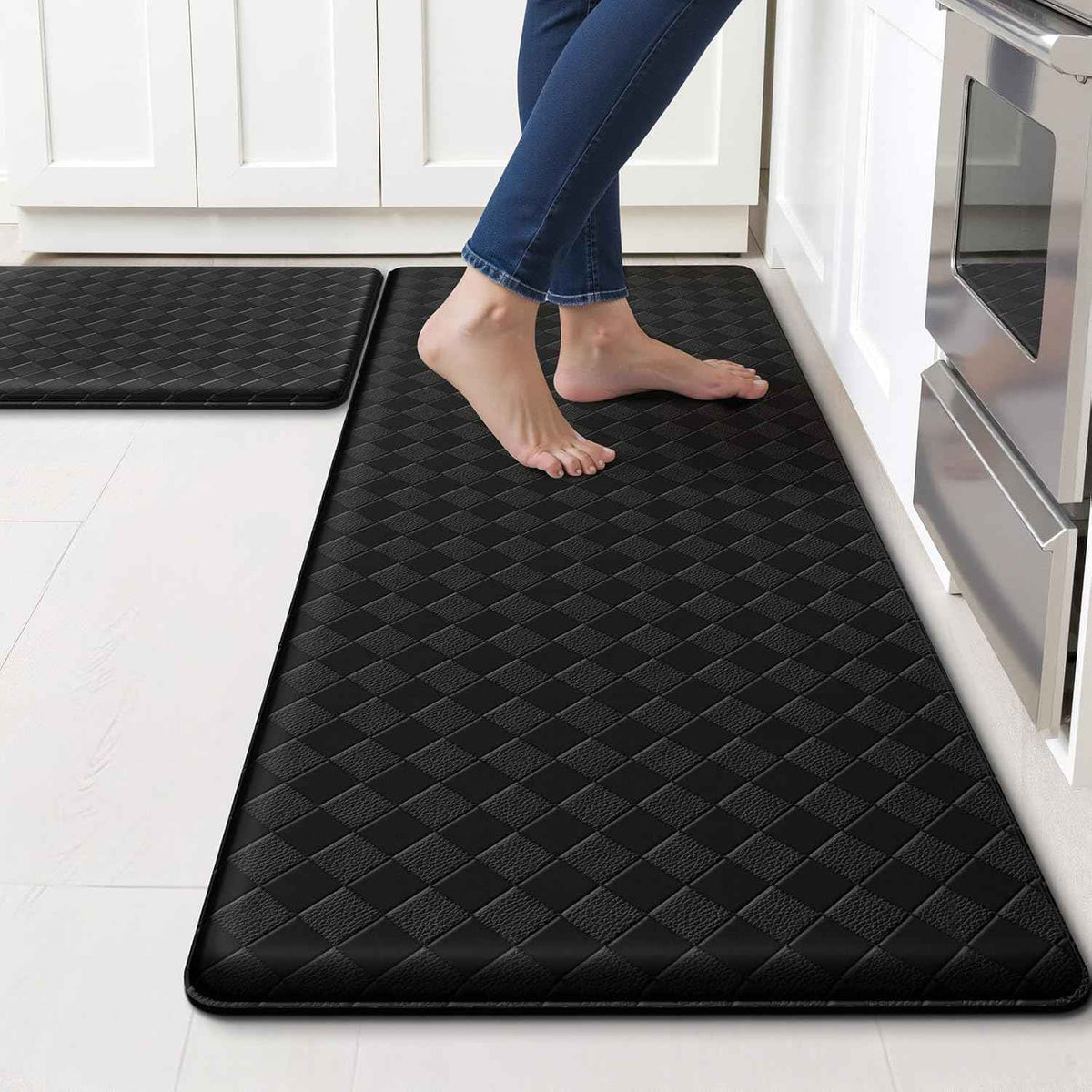 TranquilRelax 2-Piece Kitchen Mats, Cushioned Non-Slip Floor Mats, Black | Kitchen mats for floor, water-resistant anti fatigue mats for kitchen floor,laundry & entryway, 17.3 x 30 and 17.3 x 47 in