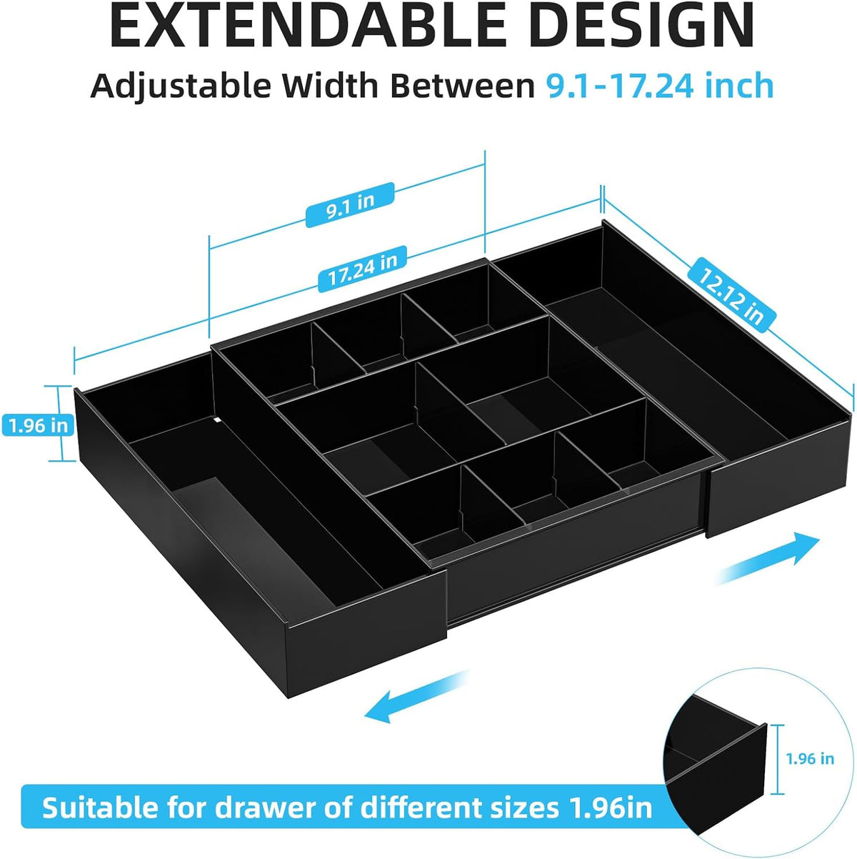 Marbrasse Expandable Desk Drawer Organizer, Clear Plastic Drawer Organizer Tray with 10 Adjustable Compartments, Desk Organizers and Accessories, 5 Drawer Dividers for Office Supplies, Makeup(Black) - Field & Nook