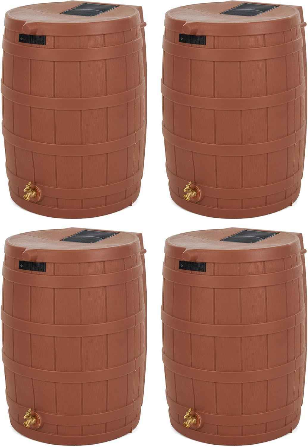 Good Ideas Rain Wizard 50 Gallon Plastic Outdoor Home Rain Barrel Water Storage Collector with Brass Spigot and Flat Back Design, Terra Cotta (4 Pack)