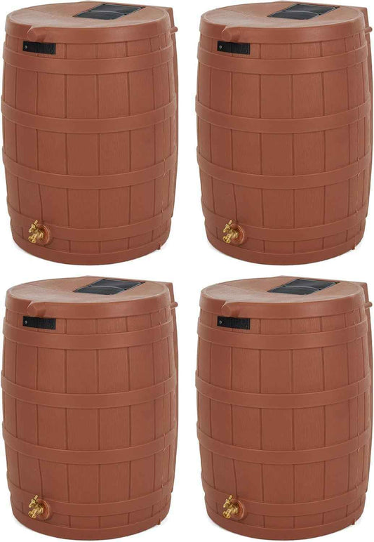 Good Ideas Rain Wizard 50 Gallon Plastic Outdoor Home Rain Barrel Water Storage Collector with Brass Spigot and Flat Back Design, Terra Cotta (4 Pack)