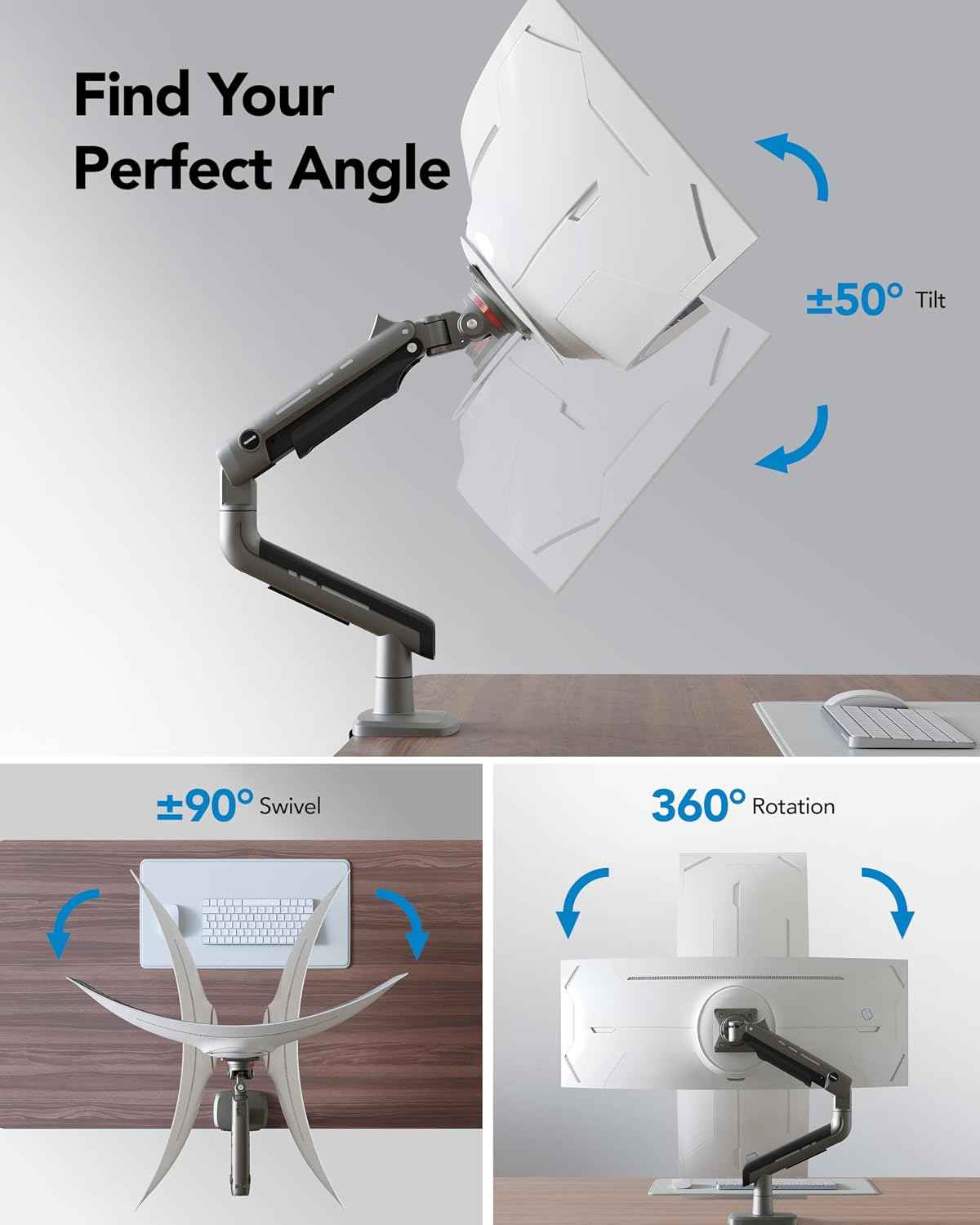 HUANUO TitanLift Heavy Duty Monitor Arm for Screens up to 49", Holds 44 lbs, Aluminum Ultrawide Screen Monitor Mount, Fully Adjustable Single Gaming Desk Mount with Dual C-Clamp, Max VESA 100x100mm