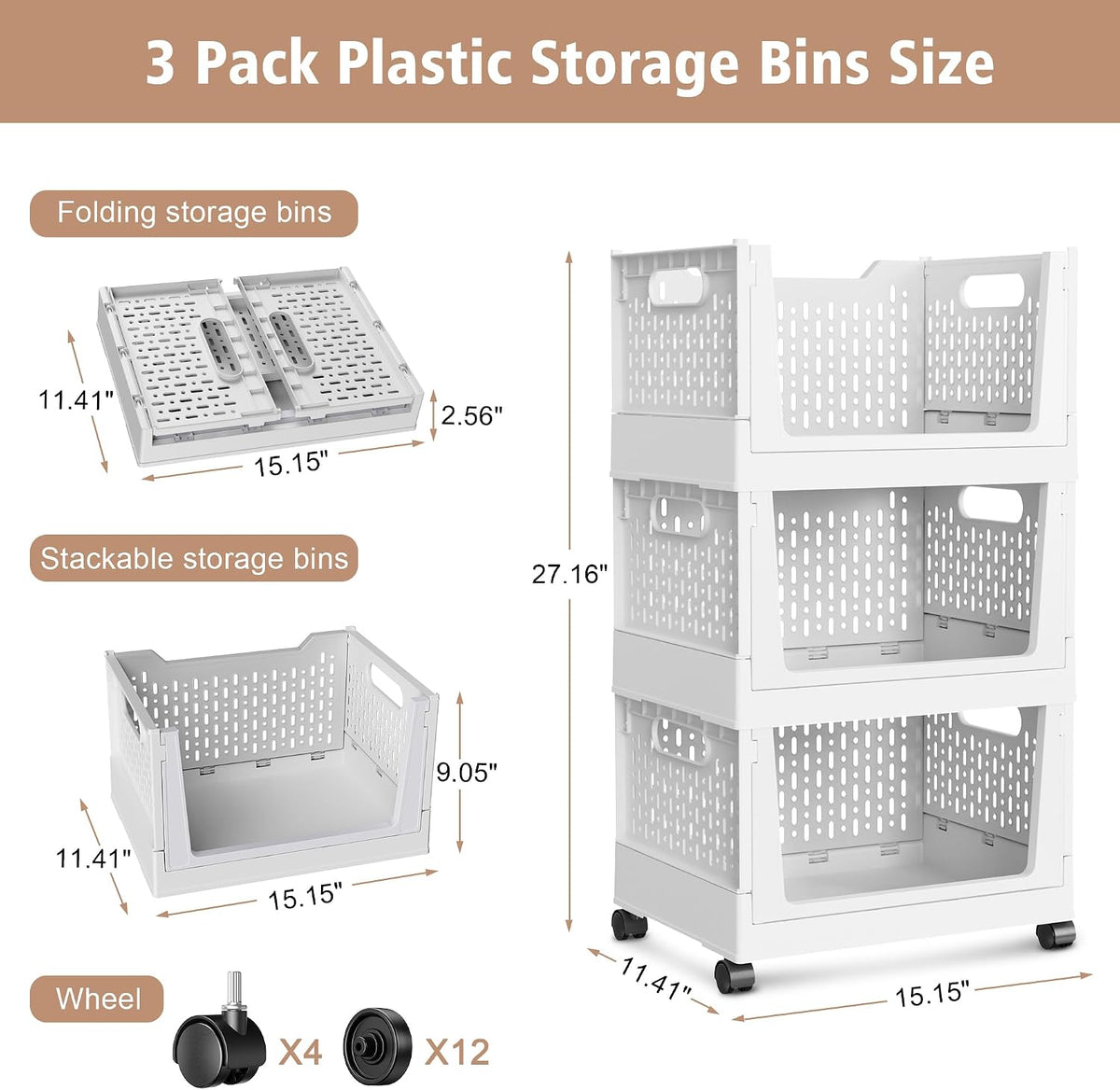 Stackable Storage Bins, Folding Collapsible Closet Organizers and Storage Bins Box, Plastic Shelves Drawer Organizer Container for Closet Office Bedroom Kitchen Bathroom with Wheels, White, 3 Pack - Field & Nook
