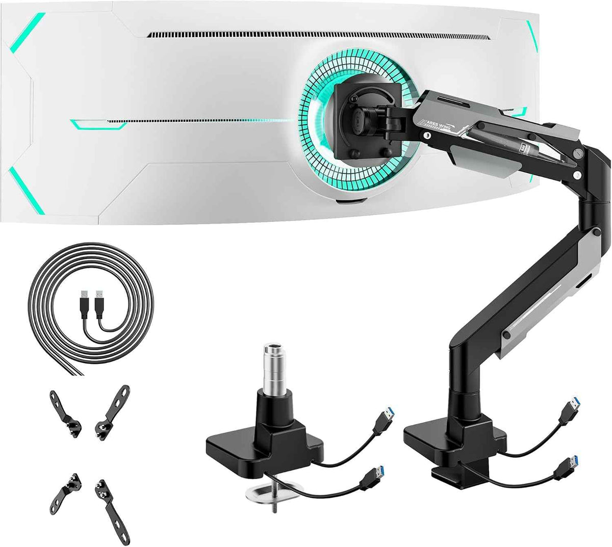 ARES WING Heavy Duty Monitor Arm with USB for 24-57 Inch Screens, Black | Gas Spring Aluminum Monitor Mount for Ultrawide Screens up to 66 lbs with Clamp/Grommet Desk Mount, 75/100/200 Vesa Mount