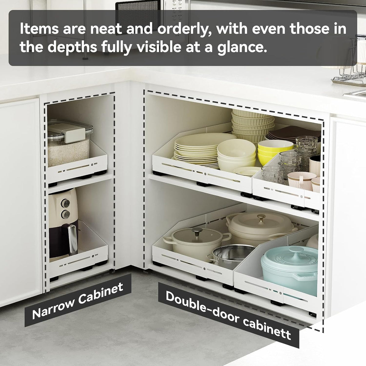 White Pull Out Cabinet Organizer, 15.8"-23"D, 12.5"-21"W