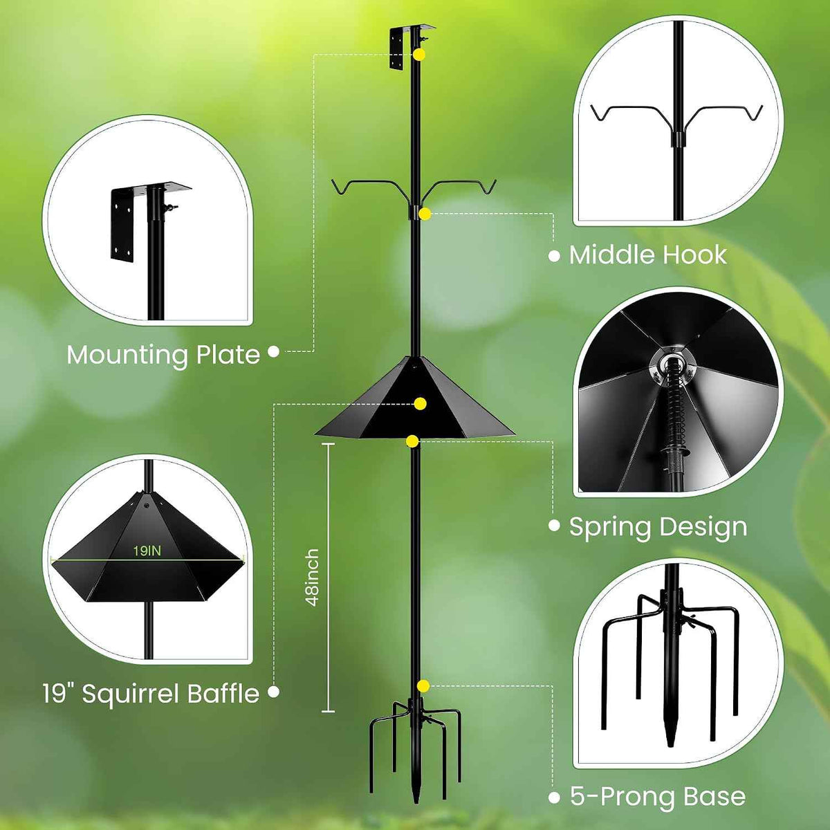 YINGYM Bird House Pole for Outdoors with Metal Squirrel Baffle, 95 Inch | Adjustable Bird Feeder Stand Pole with 2-Hooks for Hanging, Heavy Duty Metal Mounting Kit for Garden, Backyard and Patio