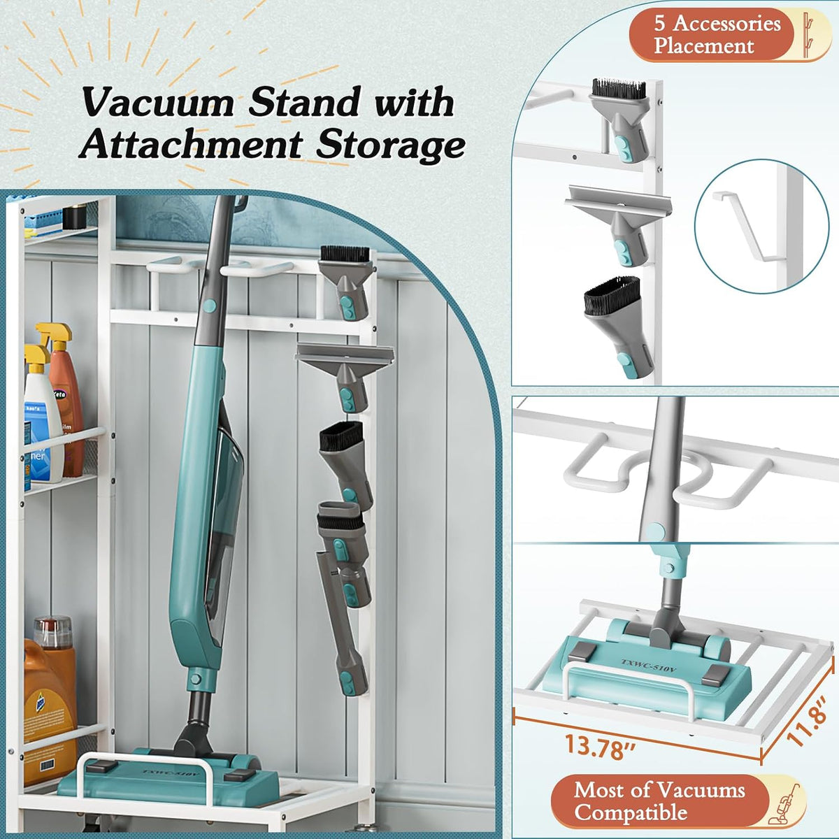 Broom Holder with Cleaning Supplies Organizer, Broom Closet Storage Cabinet with Cleaning Caddy Vacuum Stand, Cleaning Cart with Mop Hanger Gripper Rack Hook, Laundry Room Organization Home Essentials - Field & Nook