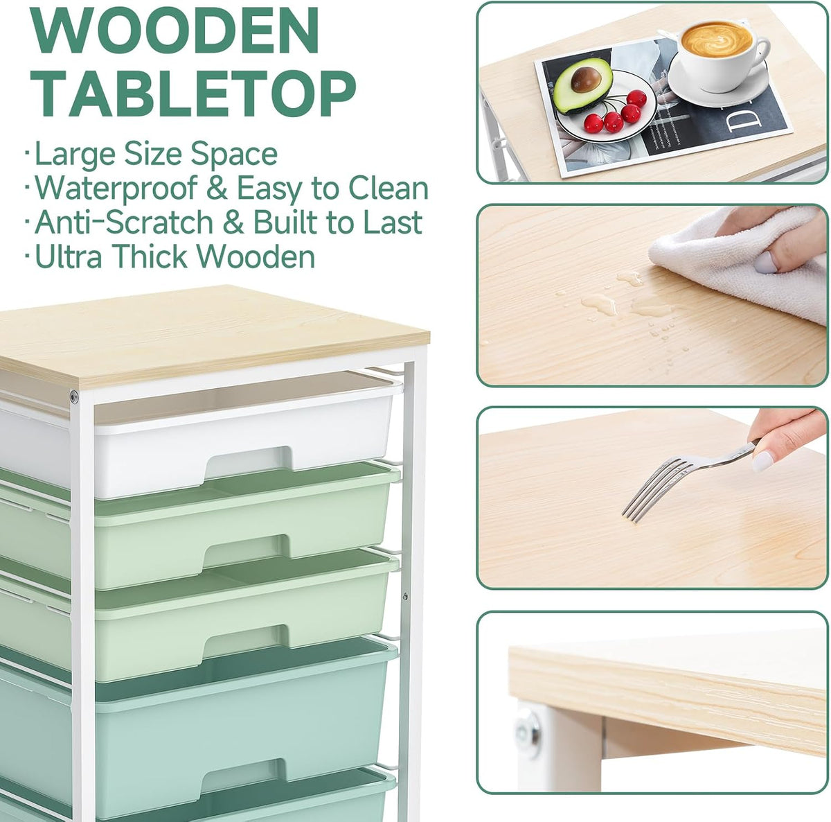 SYKIARIOL Rolling Cart with Drawers,5 Drawers Storage Cart,Light Green | 5-Tiers Utility Cart with Drawers with Lockable Wheels for Craft Organizers and Storage,Home Office,Classroom,Dorm,Playroom - Field & Nook