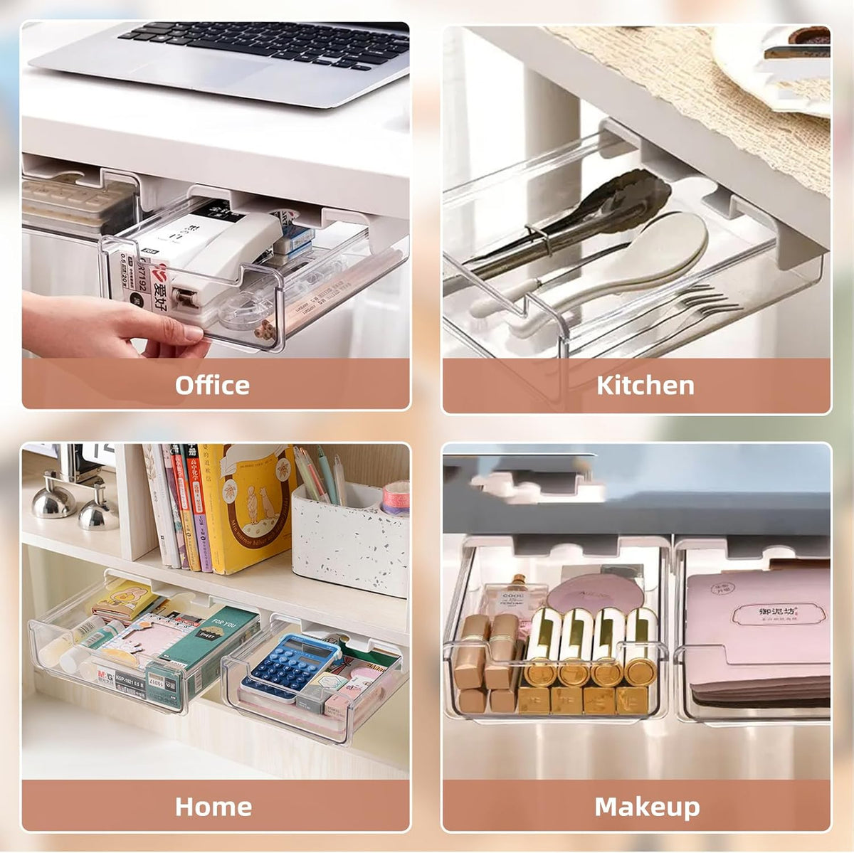2 Pack Under Desk Storage Drawers Slide Out-Drill-On or Self-Adhesive,Large&Medium Drawer Under Desk Organizer Under Table Drawer for Home Office School Organization and Storage - Field & Nook