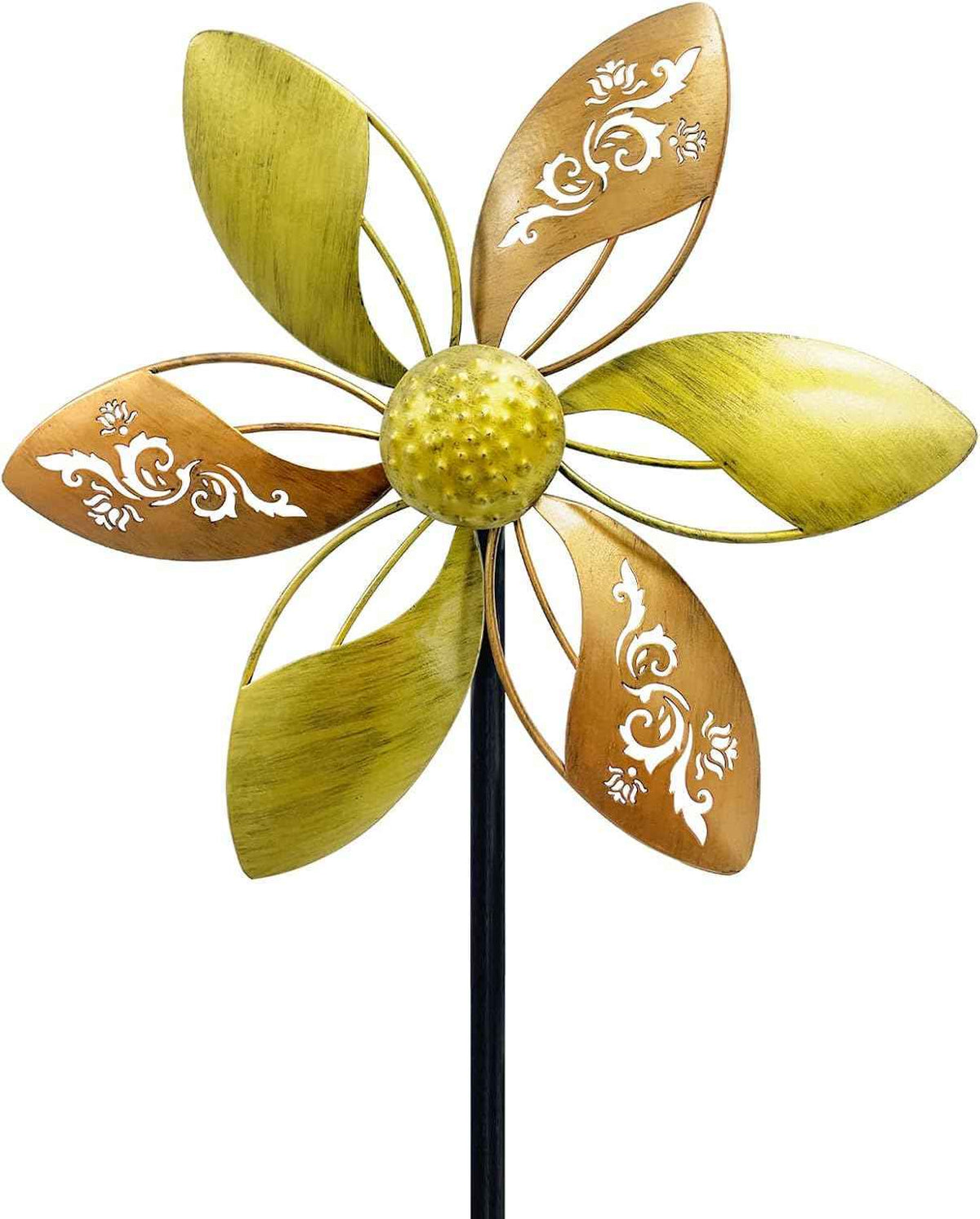 37" Metal Wind Spinner for Yard & Garden, 10" Kinetic Outdoor Garden Spinner, Rust-Resistant Decorative Yard Art (Gold Ornate Laser-Cut Floral)