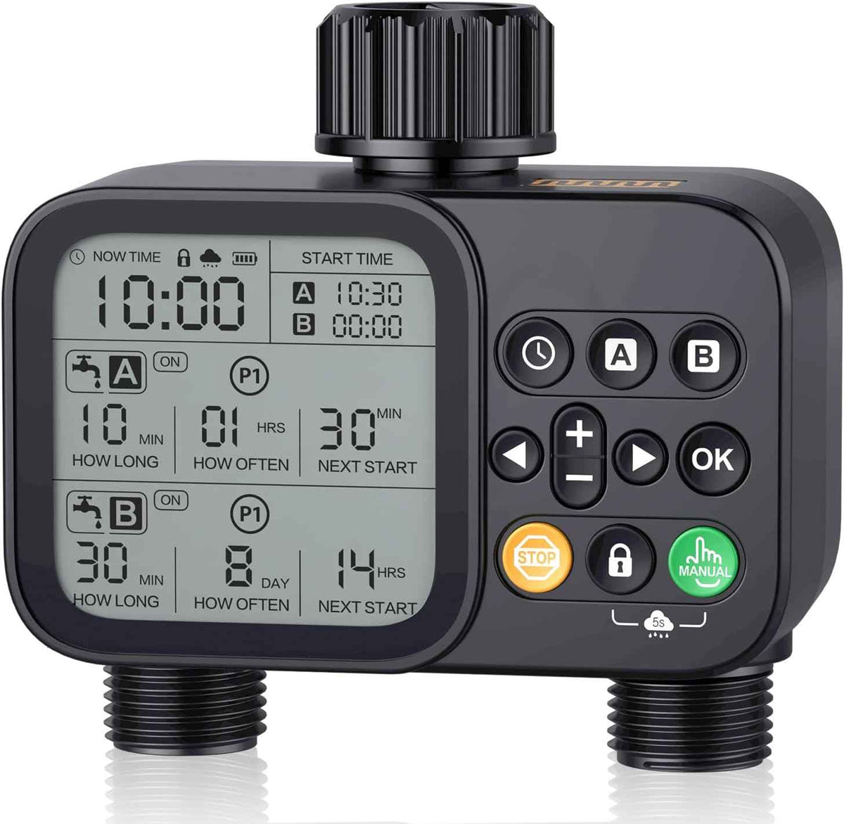 Sprinkler Timer 2 Outlets, Programmable Water Hose Timer with Rain Delay/Manual/Automatic Watering System, Outdoor Digital Automatic Irrigation for Garden Yard Lawn with Large Display(Black)