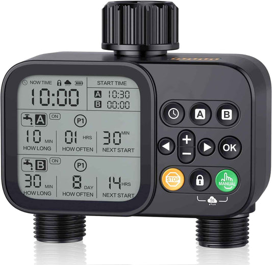 Sprinkler Timer 2 Outlets, Programmable Water Hose Timer with Rain Delay/Manual/Automatic Watering System, Outdoor Digital Automatic Irrigation for Garden Yard Lawn with Large Display(Black)