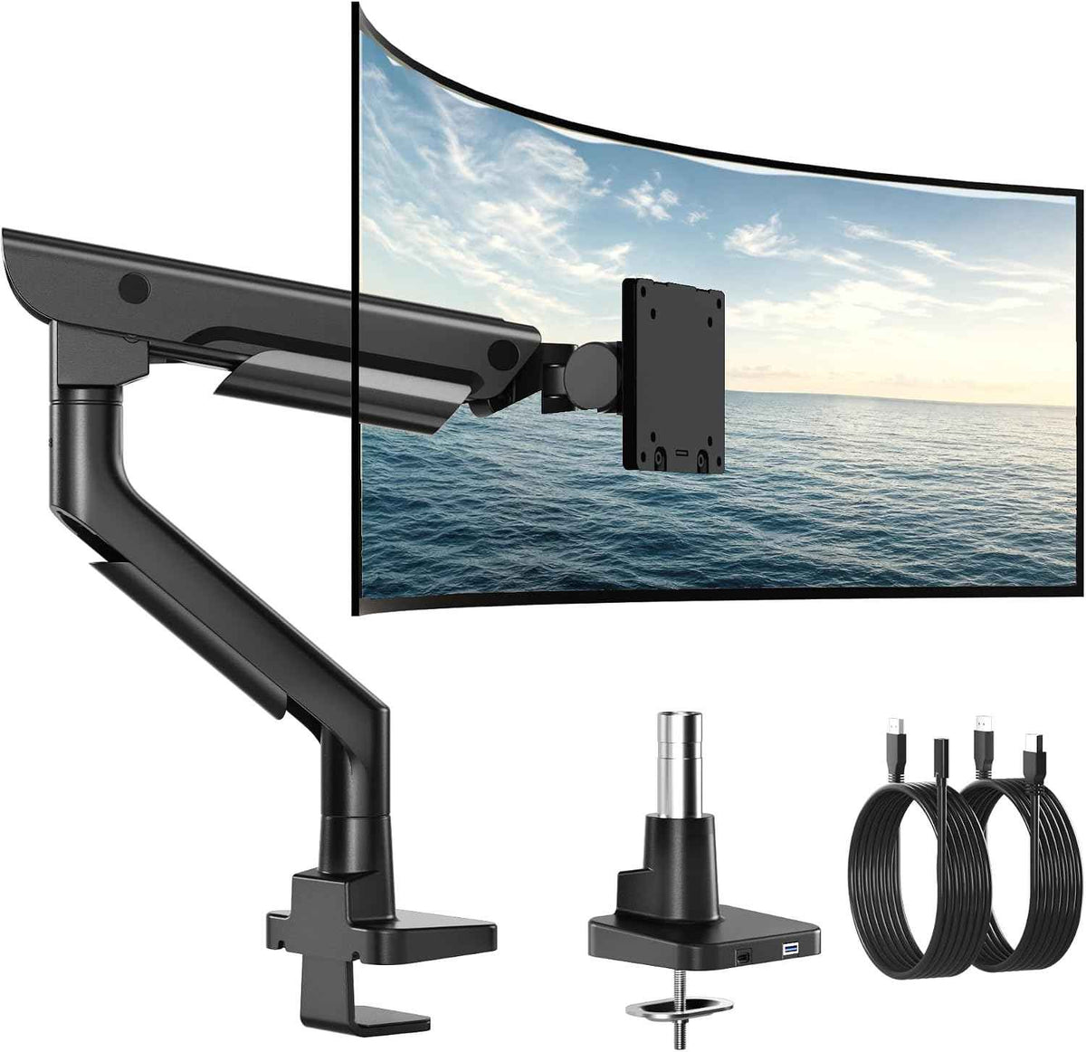 monTEK USB Monitor Arm for 17-57" Ultrawide, 59.4 lbs, Black | USB-A/C ports, pneumatic lift, quick-release VESA 75/100 plate, clamp/grommet bases and cable management