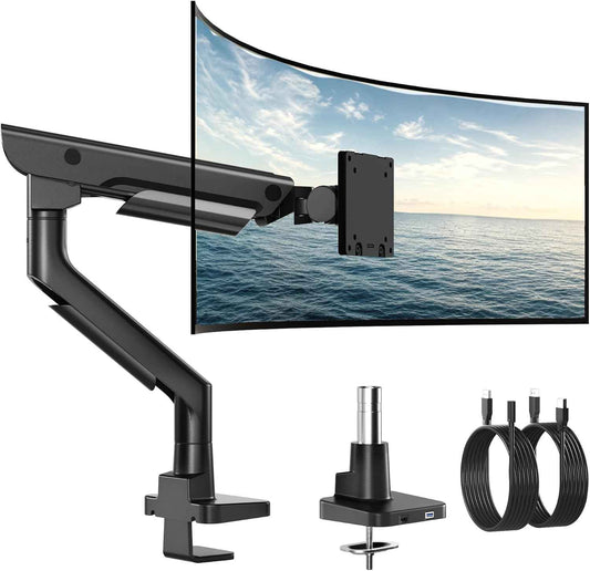monTEK USB Monitor Arm for 17-57" Ultrawide, 59.4 lbs, Black | USB-A/C ports, pneumatic lift, quick-release VESA 75/100 plate, clamp/grommet bases and cable management