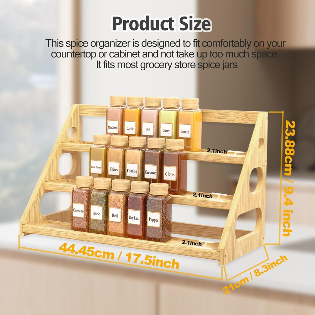 Premium Spice Rack - 3 Tier Bamboo Spice Rack Organizer - Spice Organization for Kitchen Cabinet/Countertop - Field & Nook